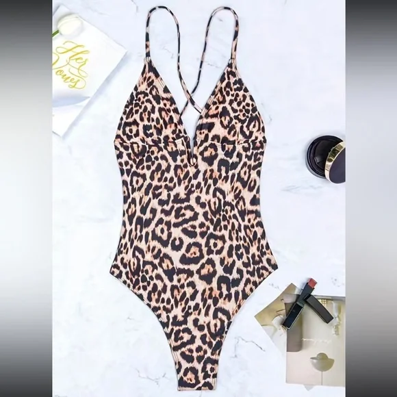 Boho leopard print one piece swimsuit